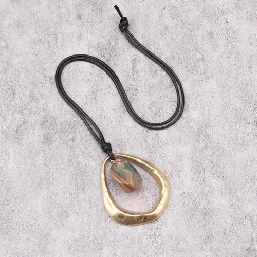 Bohemian Women's Leather Long Pendant Necklace Sweater necklace Adjustable Retro Woven Handmade Jewelry - color: Gold Water Drop Green Stone