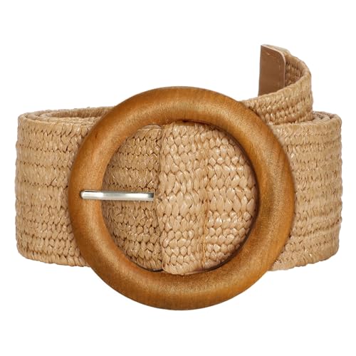 SUOSDEY Straw Woven stretchy Waist Belt for Women Dresses,Wide Boho Braided Elastic Belt with Round Buckle - color: 03-camel Wood, size: Fits waist from 38"-42"