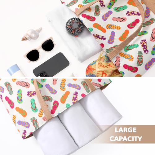 Trifabricy Beach Bag for Women, Large Beach Tote Bags with Zipper, Woven Straw Tote Waterproof, Swim Gym Shopping Travel Bag - color: Slippers