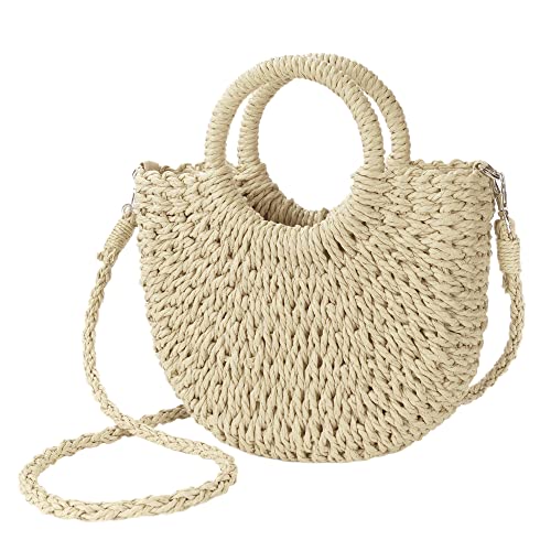 Womens Straw Beach Bag Woven Crossbody Shoulder Bags Top Handle Satchel Handbag Purse for Summer - color: Beige