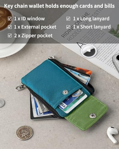 Artpaxy Minimalist Wallet For Mens Womens, Keychain RFID Blocking Zipper Small Wallet with ID Window 2 Lanyards,Water Resistant Travel Cash Card Coin Case Boys Girls - color: Blue green+Lime green, style: Casual