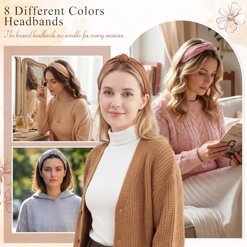 obeoby 8Pcs Headbands for Women, Fashion Knotted Headband Brown Series Wide Hairband Gifts Hair Accessories - color: black, brown, navy blue, khaki, gray, pink, beige, white