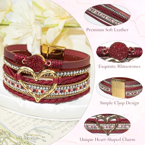 Leather Wrap Bracelet for Women, Boho Cuff Bracelet with Strong Clasp, Multi-Layer Crystal Leather Bracelet for Valentine Mother's Day - color: 01-Heart-Burgundy