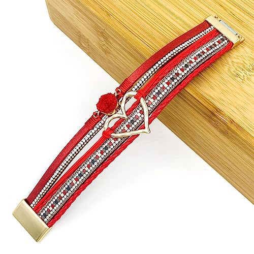 Womens Multi Layer Heart Leather Wrap Bracelet Boho Stackable Cuff Bangle Magnetic Clasp Crystal Birthday Valentine Gift - color: Red