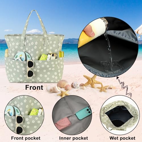 Bluboon Waterproof Beach Tote Pool Bags for Women Ladies Extra Large Carry On Bag With Wet Compartment for Weekender Travel - color: Beige Flower Green