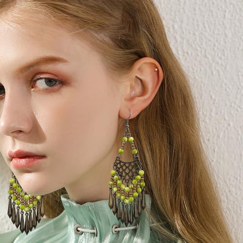 Handmade Vintage Bronze Bohemian Long Tassel Colorful Bead Dangle Drop Earrings Big Tribal Chandelier Geometry Hook Earrings for Women Statement Jewelry Gifts - color: Bright Green