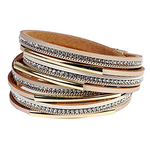 Artilady Leather Wrap Bracelets for Women - Pearl Bracelets Handmade Clasp Bangle Bracelet with Beads Jewelry Gift for Women and Mother - style: Light Brown with Gold bar
