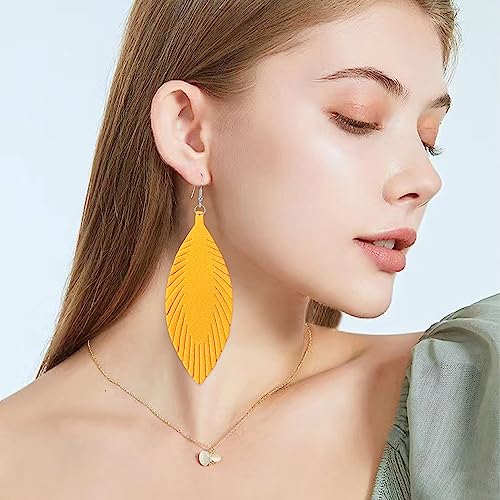 Large Genuine Soft leaf Leather Handmade Fringe Tassel Feather Lightweight Tear Drop Dangle Color Earrings for Women - color: Yellow