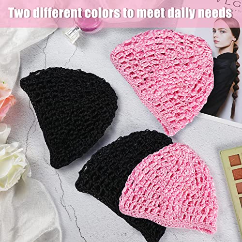 Geyoga 4 Pieces Mesh Crochet Hair Net Rayon Knit Snood Hat Thick Short Women Hairnet Snoods Cover Ornament for Sleeping (Black, Pink) - color: Black, Pink