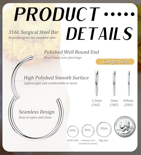 3pcs Nose Rings Hoops - 316L Surgical Steel Nose Hoops 16G/18G/20G CZ Opal Turquoise Clicker Septum Nose Ring Lip Helix Cartilage Hoop Earring Daith Rook Conch Body Piercing Jewelry for Women Men 6mm 8mm 10mm - color: Silver, size: 18 gauge(1.0mm)-10mm