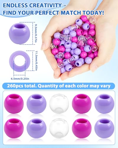 FIVEIZERO 260PCS Large Hole Hair Beads, 10x12mm, Pink Purple Clear | acrylic pony style, smooth lightweight finish, reusable, quick on/off, bracelets, keychains, macramé and DIY crafts - color: Pink Purple Clear