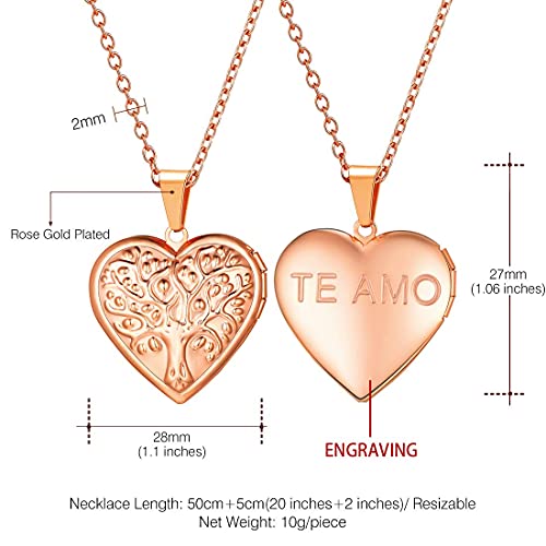 U7 Women Locket Necklace Platinum 14K Gold Photo Lockets that Hold Picture,Chain 20 Inch Personalized Gift Custom Love Heart Image Necklaces - color: 04# Rose Gold(Tree of Life)