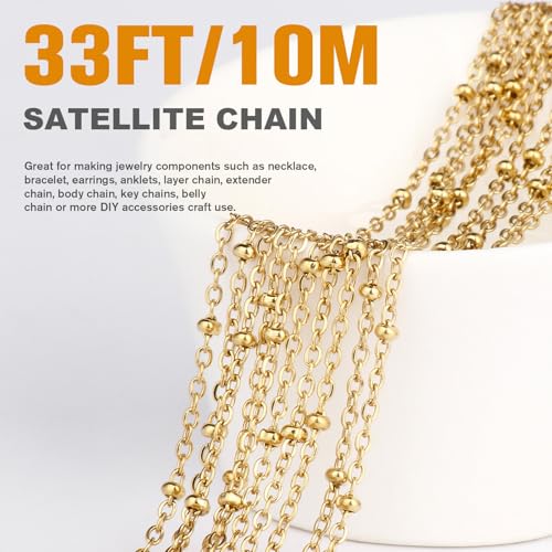 33 Feet 18K Gold PVD Plated Satellite Chain Roll, 2mm 304 Stainless Steel Gold Ball Beaded Cable Link Chains Spool Bulk for Jewelry Making DIY Craft - color: Gold Small Beads Satellite Cable Chain
