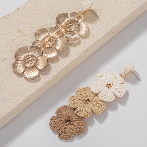 Boho Flower Earrings Statement Raffia Dangle Earrings Cute Floral Jewelry Trendy Summer Beach Vacation Outfits for Women - color: Ivory/Wheat