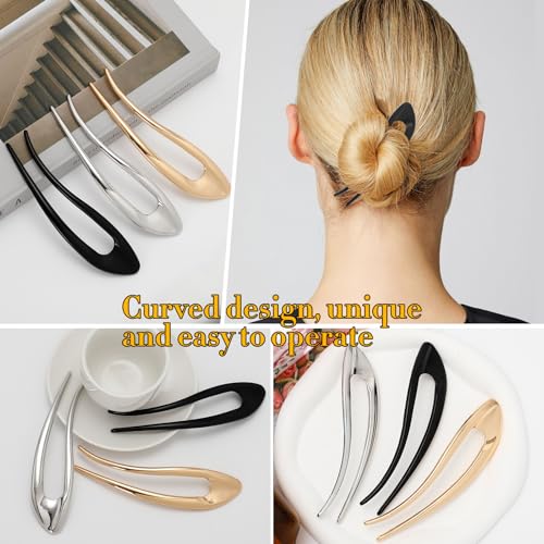 3PCS 5.1 Inch U Shaped Metal Hair Forks for Women, Vintage French Twist Hair Pins for Long Thick Hair, Elegant Hair Accessories for Bun Updo and Chignon Styles