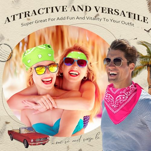 Suhine 24 Pcs Bandanas Bulk for Women Men 22 x 22 Inch Paisley Outdoor Headband Cowboy Handkerchief Summer - color: Fluorescent Green, Rose Red