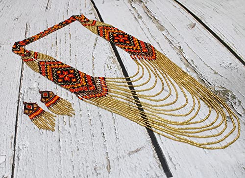 Handmade Native American Style Tribal ethnic Seed Bead Beaded Layered Medallion Necklace #1 - color: Red