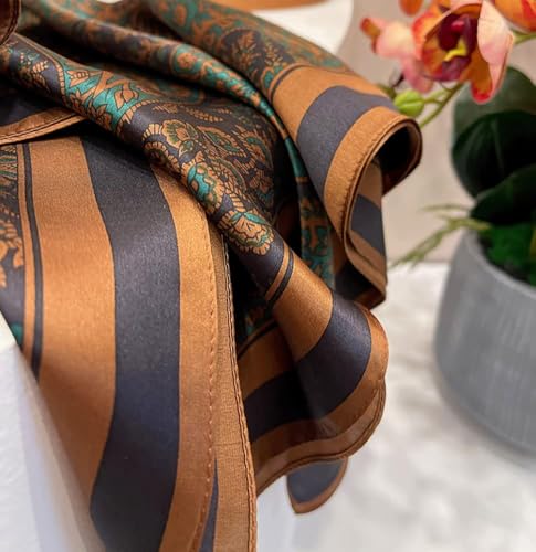 JERLA 100% Pure Mulberry Silk Square Scarf for Hair-27''x27'' Women Men Natural Silk Neckerchief Headscarf - color: Paisley Brown