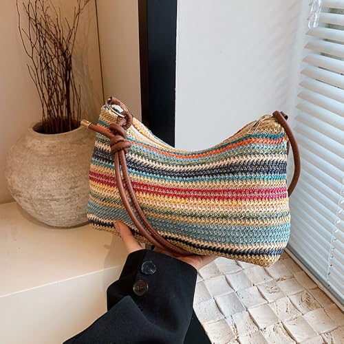 Women's Woven Beach Shoulder Handbag Colorful Straw Tote Bag Summer Vacation Crossbody Bag - color: 1343colorful