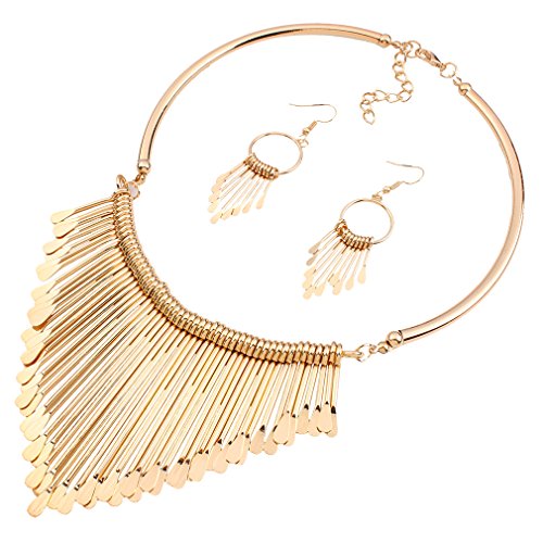 YAZILIND Women Ethnic Style Tassel Drop Pendant False Collar Statement Necklace Earrings Set - color: Gold