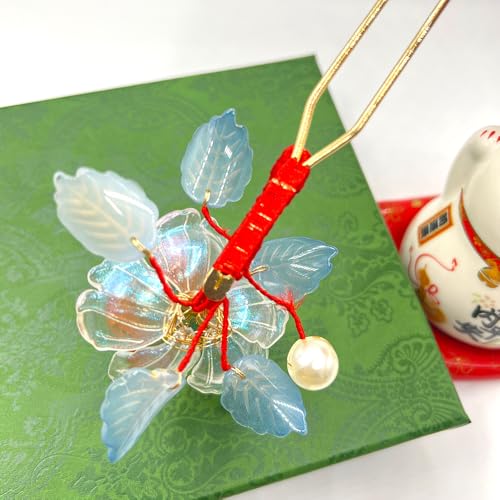 Rosa Orange with Leaves Hairpin Chinese Hanfu and Han Style Hair Retro Flower with Metal Handmade Hair Clip Hair Accessories for Women Girls Long Hair (Rosa Orange) - color: Rosa Orange