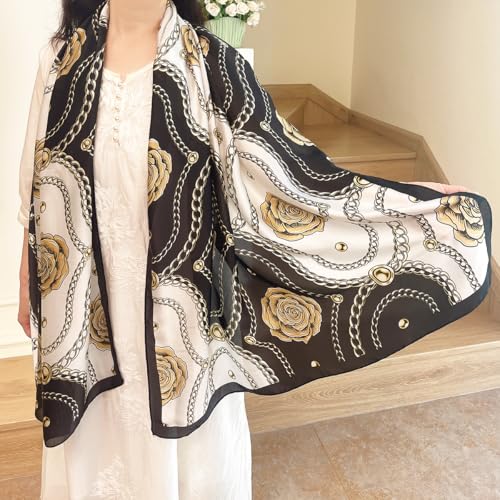 Long Silk Like Scarf Lightweight Satin Scarves Large Sunscreen Shawl Wrap for Women - color: 018.chains and Flowers Black