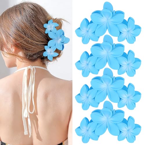 ANBALA 4PCS Flower Hair Clips Plumeria Hawaiian Claw Clips for Thick Hair Non-Slip Strong Hold Beach Accessories for Women Girls (Blue) - color: Blue