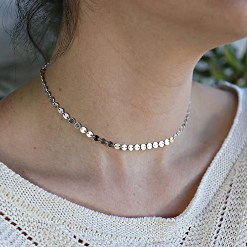 CHESKY 14k Gold Plated/Silver Plated Dainty Necklace for Women, Trendy Satellite Choker Necklace Thin Beaded Layered Choker Necklaces Discs Paperclip Chain Necklaces Womens Simple Jewelry - style: Disc+Silver