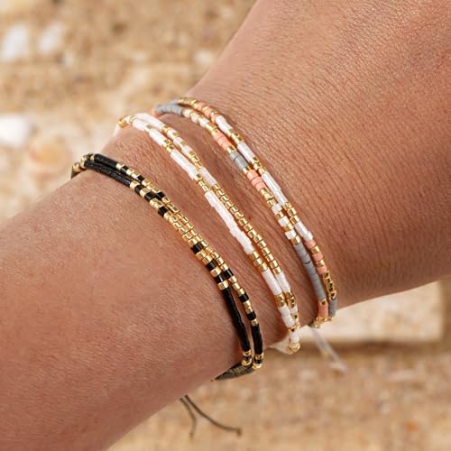 Boho Beaded Strand Friendship Bracelets set for Women,Adjustable Dainty Handmade Stackable White Gray Black 3PCS Couples String Rope Bracelet Bohemia Jewelry Gift