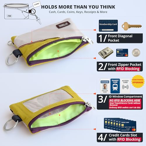 RFID Blocking Travel Wallet with Adjustable Lanyard, Small Nylon Zipper Pouch and Badge Holder for ID, Credit Cards, Cash, Keys, Commuters (Almond+DarkYellow) - color: Almond+DarkYellow