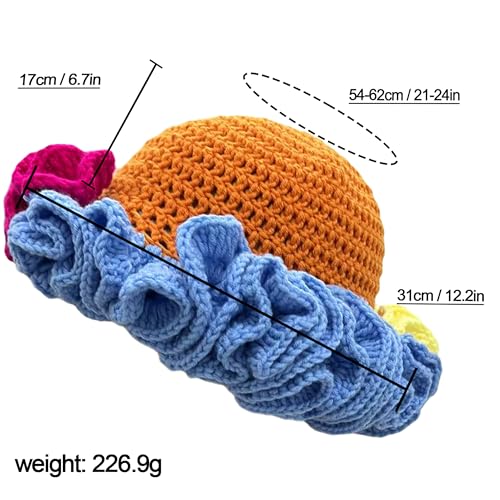 Handmade Crochet Bucket Hat for Women Boho Chic Slouchy Design Colorblock Ruffled Brim Festival&Daily Crochet Hat - color: Orange Crown Contrasting