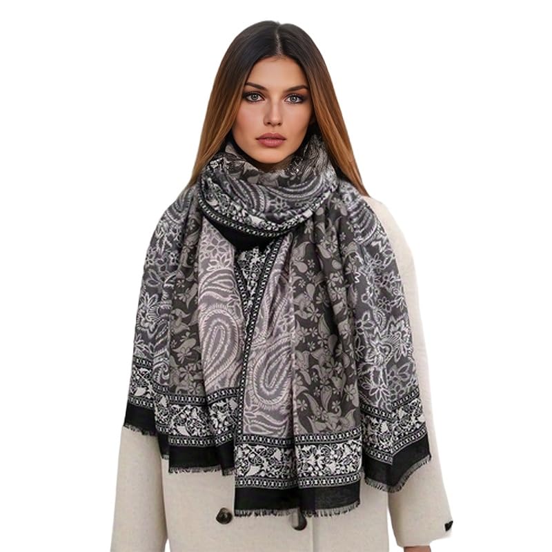Paisley Pashmina Feel Shawls Wraps for Women Rave Scarf Soft Silky Exotic Boho All Seasons - color: Grey Pink