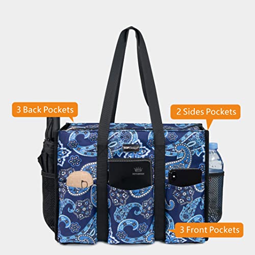 TOPDesign Utility Water Resistant Tote Bag with 13 Pockets, Top Zipper Closure & Thick Bottom Support, for Working Women - color: Blue Bandanna, size: Medium