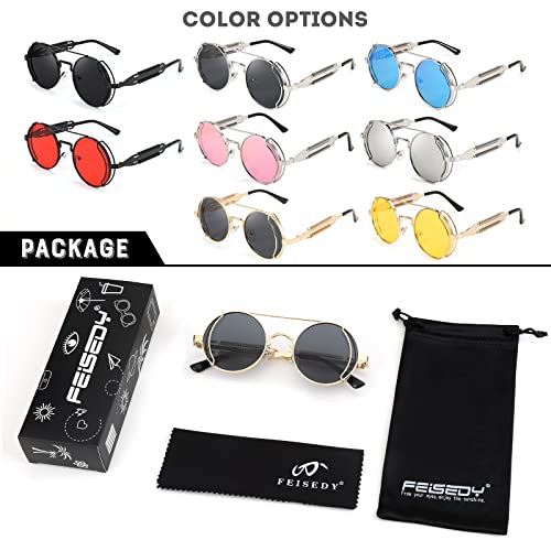 FEISEDY Aviator Sunglasses for Men Women, Retro Steampunk Gothic Round Metal Frame Hippie Glasses B2351 - color: Black Frame With Gray Lenses and Black Temples