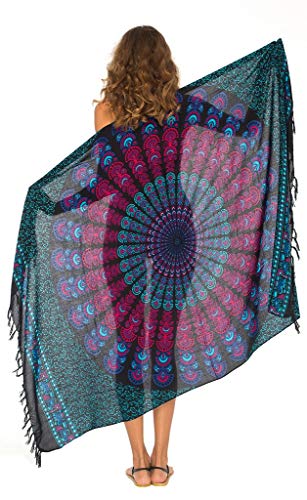 SHU-SHI Sarong Wraps for Women Long Beach Cover ups Pareo Bathing Suit Wrap Skirt Mandala Sarongs Coverup - color: Turquoise/Black/Pink