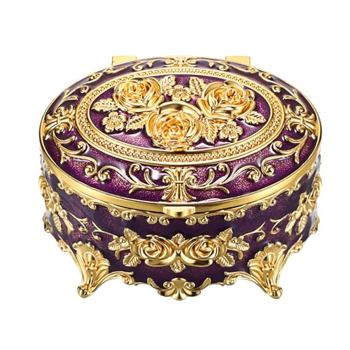 Hipiwe Vintage Oval Jewelry Storage Box Metal Trinket Organizer Purple Treasure Chest Box for Earring Necklace Ring Holder Gift for Women - color: Purple