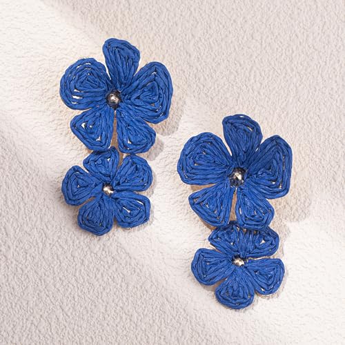 Boho Flower Earrings Statement Raffia Dangle Earrings Cute Floral Jewelry Trendy Summer Beach Vacation Outfits for Women - color: Royal Blue