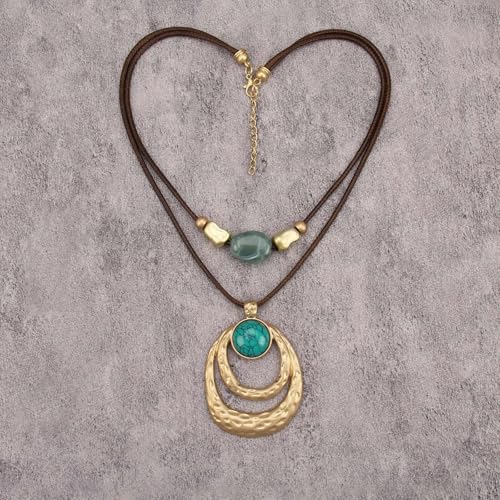 Boho Necklace for Women Adjustable Silicone Rope with Gold Beaded Pendant Chunky Handmade Vintage Jewelry - style: Blue Turquoise Necklace