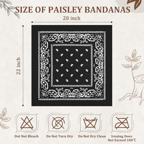 12 Pack Bandanas Unisex Paisley Cowboy Bandanas Bulk Multi Purpose Headband Scarf for Men Women Costume - color: Black, style: Classic