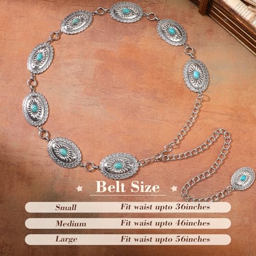 XZQTIVE Women Boho Chain Belts For Dresses Jeans Western Cowgirl Waist Links Belt Adjustable Metal Concho Belt - size: Fit Waist upto 36inches, style: Matte Turquoise Silver