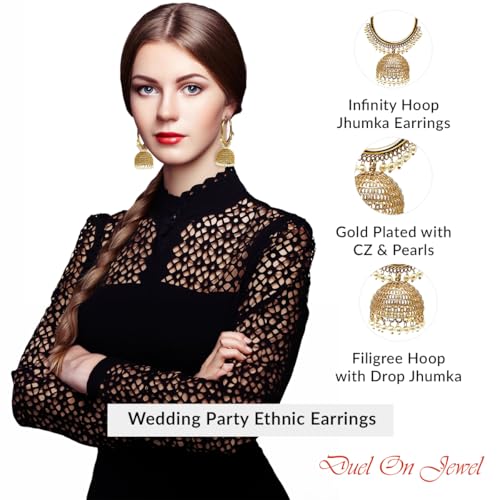 Duel On Jewel Indian Jewelry Bundle for Women, Gold-Plated Teardrop Bell Anklet Payal Set with Infinity Hoop Jhumka Earrings, Pearl CZ Filigree Ethnic Boho Wedding Party Gift Set