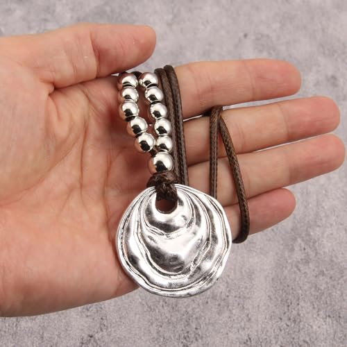 Bohemian Necklaces for Women Long Leather Necklace with Large Pendant Chunky Boho Hippie Jewelry Pendant Chocker Necklace - style: Large Statement Pendant Necklace