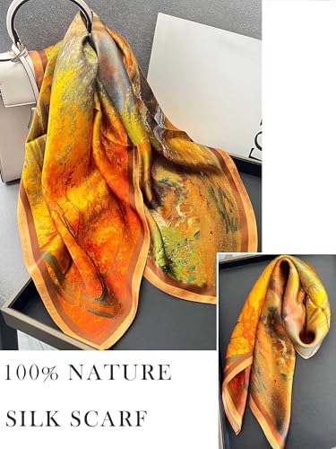 100% Mulberry Silk Scarf for Women Hair Lightweight Square Neckerchief Wrap For Head Scarves 21" - color: 24-golden Jungle /21"*21"