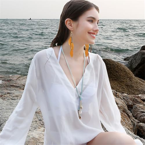 coadipress Boho Piercing Tassel Feather Long Chain Earrings Retro Lightweight Native Feather Dangle Drop Earrings for Women Bohemian Handmade Natural Feathers Earring Jewelry - color: Khaki