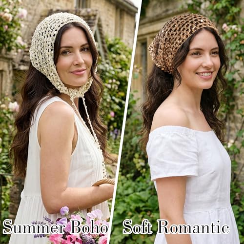 Ababalaya Crochet Cotton Head Scarf Boho Hollow Out Triangle Scarf with Shiny Sequin Y2K Hair Scarf - color: Beige