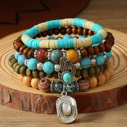 Western Turquoise Beaded Bracelet Stack - Vintage Cowgirl Stretch Set with Bull Skull, Feather & Boot Charms, Handmade Boho Jewelry for Rodeo, Country Concerts & Casual Western Outfits - style: Hat