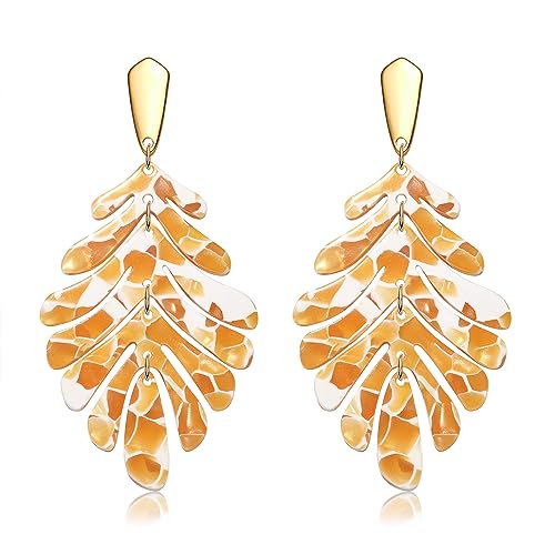 ARATLENCH Acrylic Pendant necklace Earrings – Long Statement Leaf Charm Necklace Tortoise Resin Palm Leaf Earrings Fashion Necklaces Earrings for Women - color: orange earrings
