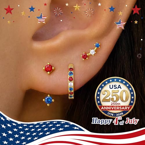 3 Pairs Dainty Small 4th of July Earrings for Women Trendy, Birthstone Stud Huggie Hoop Jacket Stack for Cartilage Helix, Gold Plated Hypoallergenic Cute Women Fashion Accessories Western Jewelry Gifts - color: 4th of July earrings(Gold Red White Blue)
