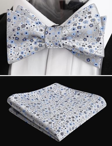Alizeal Mens 2pcs Classic Floral Pattern Self-tied Bow Tie and Handkerchief Set - color: 045-gray+navy Blue