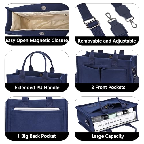 ZHMO Canvas Tote Bag for Women,Women's Bags Crossbody Bags Work Laptop Tote Bag Large Handbags Purse for Travel Nurse Teacher - color: Navy Blue With Compartments
